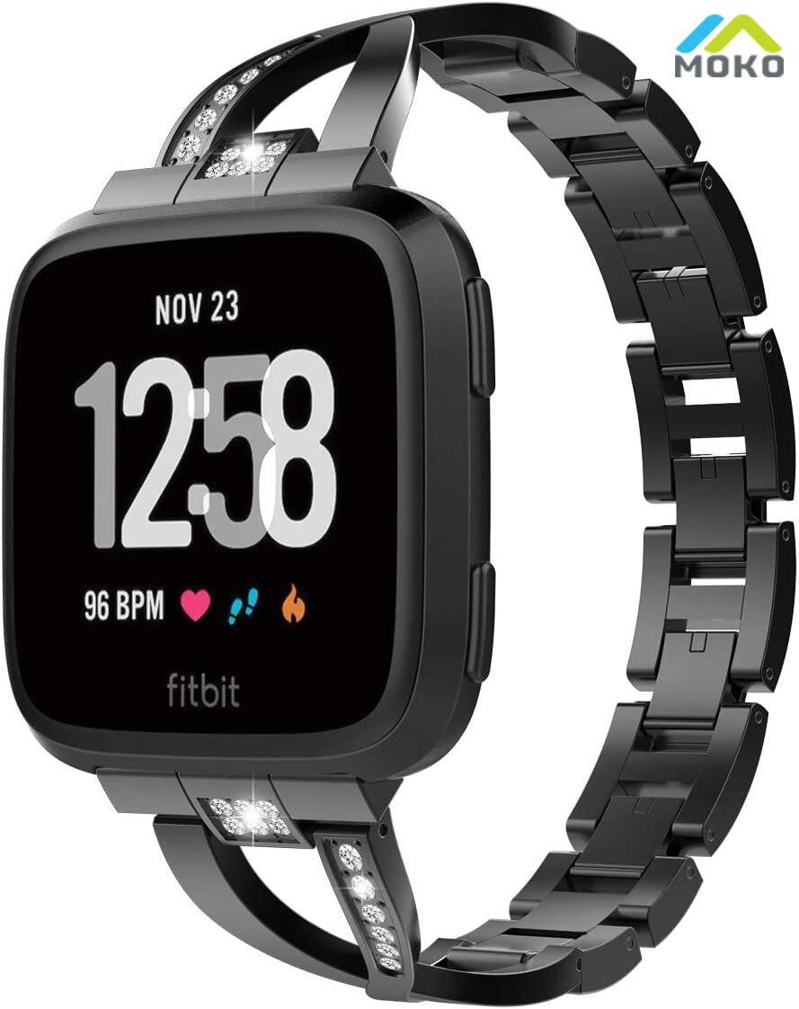 Moko Replacement Band Compatible with Fitbit Versa/Versa Lite/Versa 2, Premium Stainless Steel X-link Watch Band with Inlaid Rhinestones Fit Fitbit Versa/Versa Lite/Versa 2
